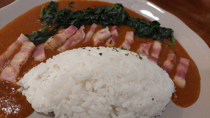 Rice with Smoked Bacon Spinach Japanese Curry.