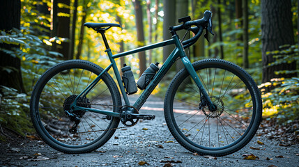 Fototapeta premium Dark teal gravel bike on a forest path