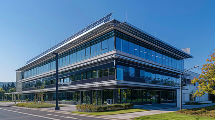 Obraz premium A modern office building with integrated solar panels