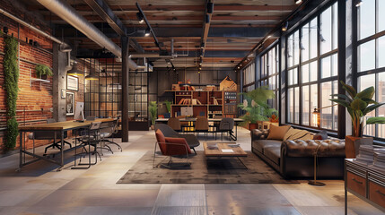 A weathered, industrial-chic office building with exposed brick walls and metal accents
