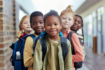 Portrait of group of multiethnic schoolchildren with smile at school