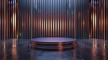 A sleek and modern 3D background podium with metallic accents and soft lighting