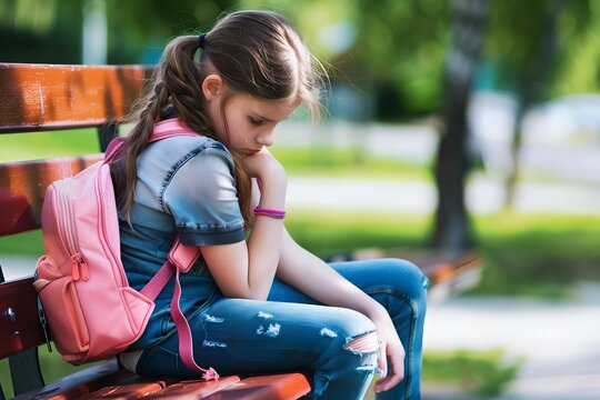 Unhappy and sad schoolgirl sitting on wooden bench in the park - Powered by Adobe