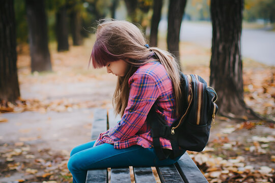 Unhappy and sad schoolgirl sitting on wooden bench in the park