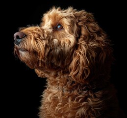Fototapeta premium Dog, Brown, Poodle, Labradoodle, Furry, Companion, Animal, Pet, Canine, Domestic, Portrait, Fluffy, close up, close-up
