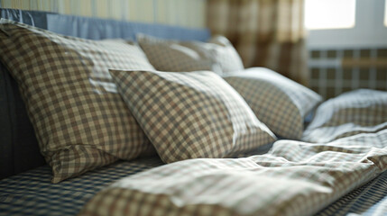 a mattress pillow and bolster with checkered sheet. - obrazy, fototapety, plakaty