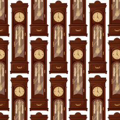 Antique clock in flat style.  Pattern for textile, wrapping paper, background.
