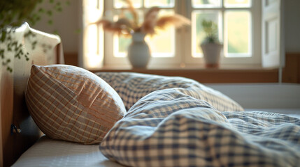 a mattress pillow and bolster with checkered sheet. - obrazy, fototapety, plakaty