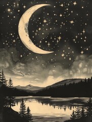 Moon, Stars, Night, Sky, Nature, Landscape, Scenery, Art, Illustration, Crescent, Celestial, Serenity, Tranquil