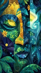 Fototapeta premium art, nature, painting, abstract, face, leaves, green, colorful, illustration, vibrant, flora, botanical, mosaic, artistic