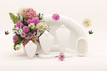Bust showcase jewelry display for necklace pendant with colorful flowers on white beige background. Advertisement idea. Creative composition. 3d render, social media and sale concept