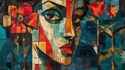 cubism, abstract, portrait, painting, art, geometric, woman, face, colorful, modern art, floral, canvas