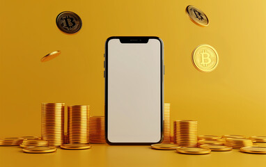 Phone with bitcoins mockup. Investing concept