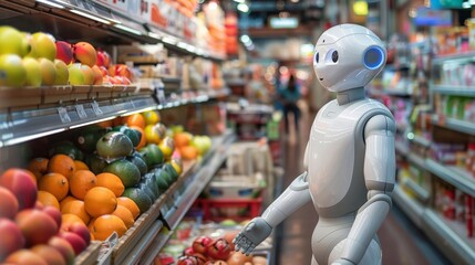 A humanoid robot acting as a cashier in a busy retail store