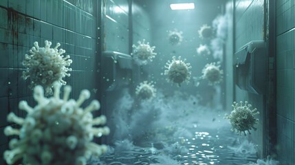 A flooded bathroom with floating virus particles