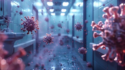 The image shows a hospital hallway with glowing red virus particles floating in the air. - obrazy, fototapety, plakaty