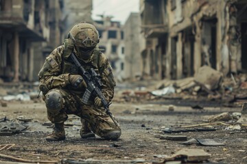 Obraz premium Soldier in combat gear crouches on a war-torn urban street, observing the surroundings