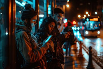 Diverse group of people using smartphones while waiting at a bus stop under city lights at night