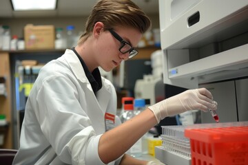 Lab assistant with precise focus carefully pipettes blood for clinical analysis