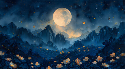 Lunar Ballet: Watercolor Painting with Intricate Shadows and Ethereal Blossoms