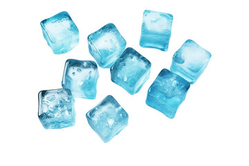Clear and transparent ice cubes, captured in a lifelike manner against a pristine white backdrop.
