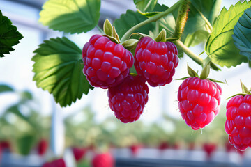 Früchte Himbeeren im Gewächshaus aus Glas Hintergrund