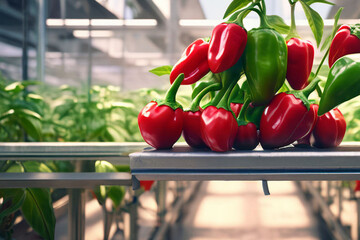 Gemüse Paprika rot im Gewächshaus aus Glas Hintergrund