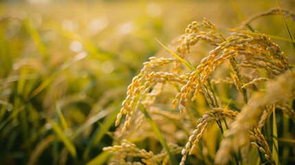 Naklejka premium Rice field bathed in sunlight