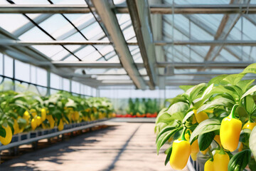 Gemüse Paprika gelb im Gewächshaus aus Glas Hintergrund