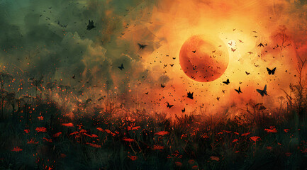 Solar Serenity: Watercolor Painting of a Landscape Bathed in Eclipse Glow