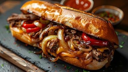 Savory Cheesesteak Delight with Onions and Peppers. Concept Cheesesteak Recipe, Savory Onions, Delicious Peppers, Comfort Food, Philly Cheesesteak - obrazy, fototapety, plakaty