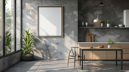 3D render of frame mockup in contemporary kitchen, adding personality and style.