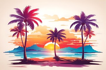 Fototapeta na wymiar Hawaiian Sunset With Palm Tree vector Illustration, Sunset Wallpaper, Hawaiian Sunset T-Shirt Design, Summer T-Shirt Design, Beautiful Sunset Sublimation, AI Generative