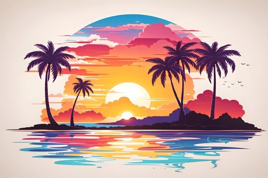 Hawaiian Sunset With Palm Tree vector Illustration, Sunset Wallpaper, Hawaiian Sunset T-Shirt Design, Summer T-Shirt Design, Beautiful Sunset Sublimation, AI Generative