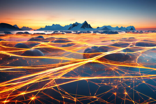 Futuristischer Hintergrund digitale leuchtende Wellen und Netzwerk in ländlicher Umgebung - Powered by Adobe