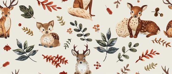 Seamless pattern with adorable illustrations of forest animals and foliage, perfect for fabric or wallpaper.