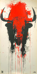 A bull with a red paint pattern