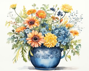 Annual  Sprightly annuals in a cheerful cerulean pot  watercolor clipart
