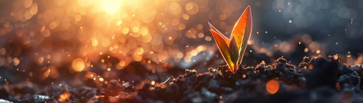 The tender emergence of a young plant from fertile soil, bathed in the golden light of sunrise, symbolizes new beginnings.