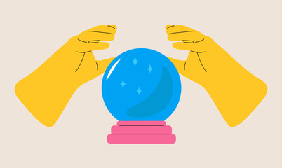 Hands holding a crystal ball. Colorful vector illustration