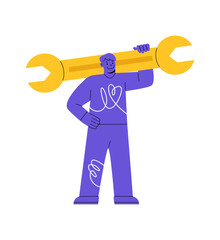 Man is holding a huge wrench. Technical support concept. Colorful vector illustration