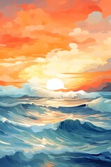 Fototapeta na wymiar Horizon Vivid orange horizon meeting a deep blue ocean watercolor clipart