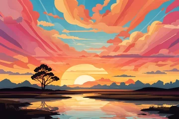 Foto op Canvas Sunset Landscape Background Vector Illustration, Sunset Wallpaper, Sunset Landscape, Sunset Scenery Illustration, Sunset Background, Nature Landscape, AI Generative © Forhadx5