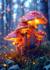 Two Mushrooms Growing in the Grass - obrazy, fototapety, plakaty