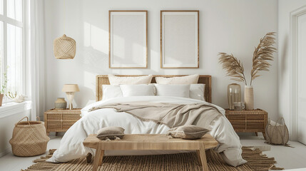 Bedroom mockup with coastal style, rattan furnishings, and blank frames.