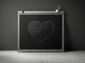Blackboard with a heart on a gray wall, 3d rendering, 