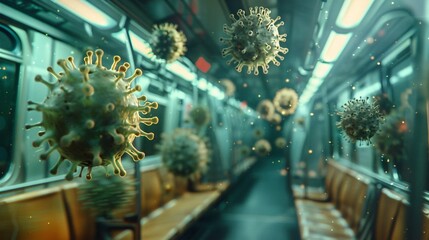 A subway car with green glowing virus particles floating through the air