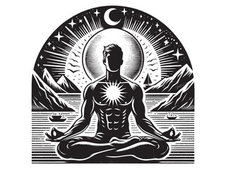 Yoga man. In the lotus position. Chakras, enlightenment, zen, meditation.
Vintage engraving black illustration, emblem. Isolated object, cut out
