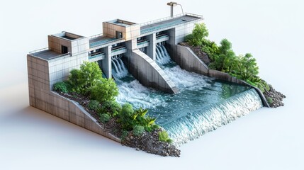 A model of a dam with a river flowing through it