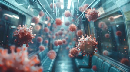A subway car with red virus particles floating around - obrazy, fototapety, plakaty